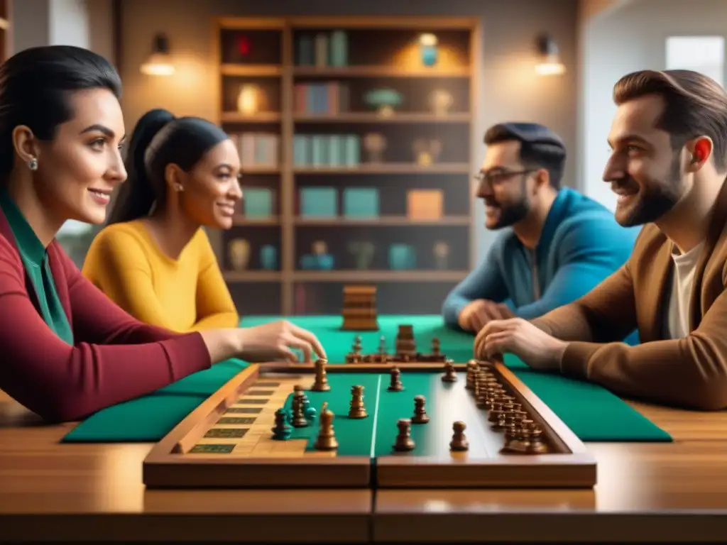 Un grupo diverso disfruta de juegos de mesa, mostrando inclusión social y conexión, en una habitación cálida y acogedora