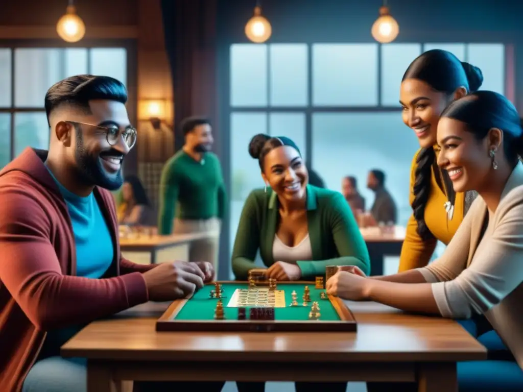 Grupo diverso disfrutando juegos de mesa en café acogedor