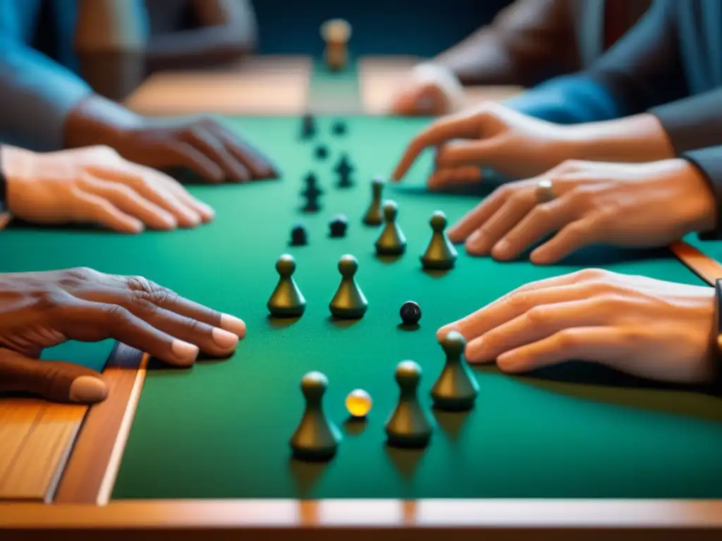 Grupo diverso juega con juegos de mesa para ciegos, explorando piezas táctiles en braille