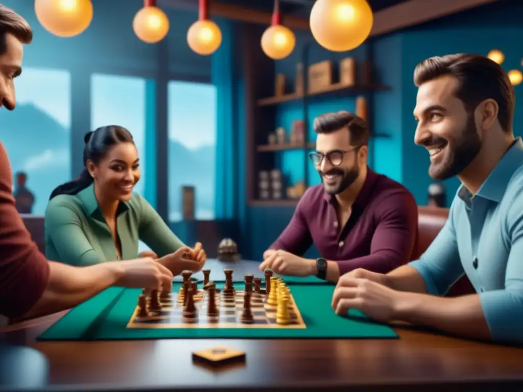 Grupo diverso disfrutando de juegos de mesa en café colorido y acogedor