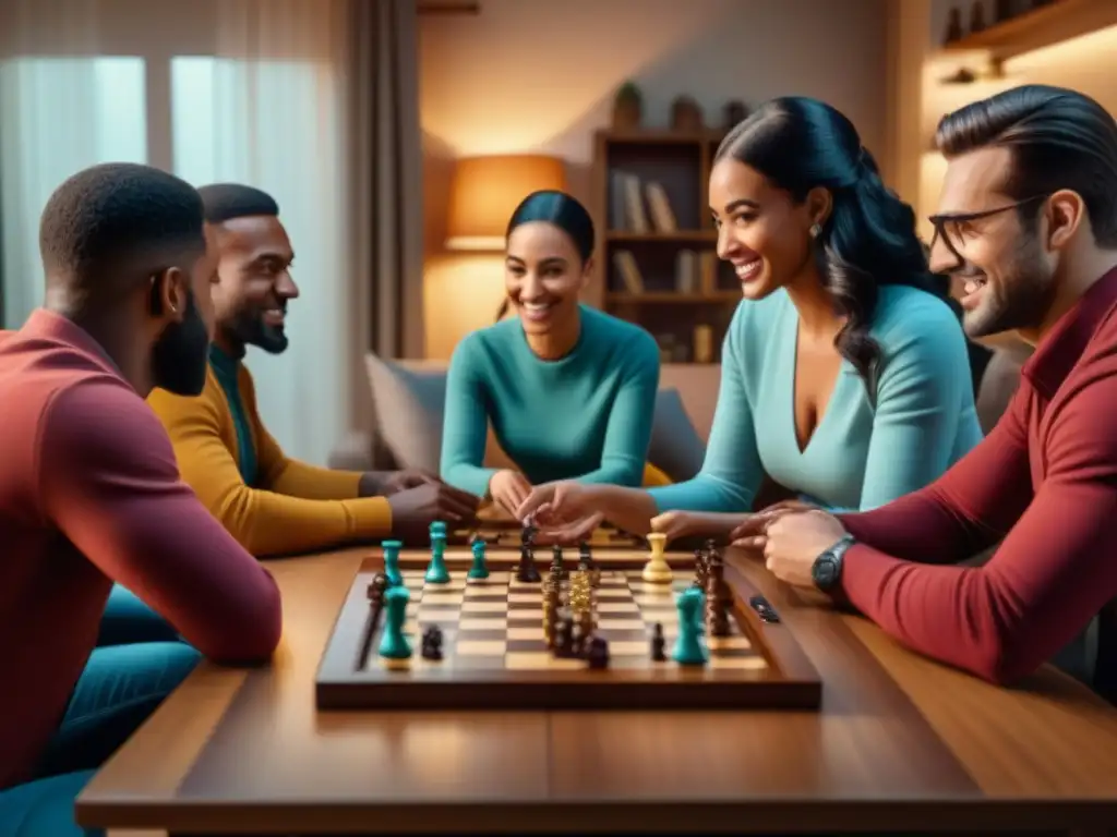 Grupo diverso disfrutando de juegos de mesa en sala acogedora