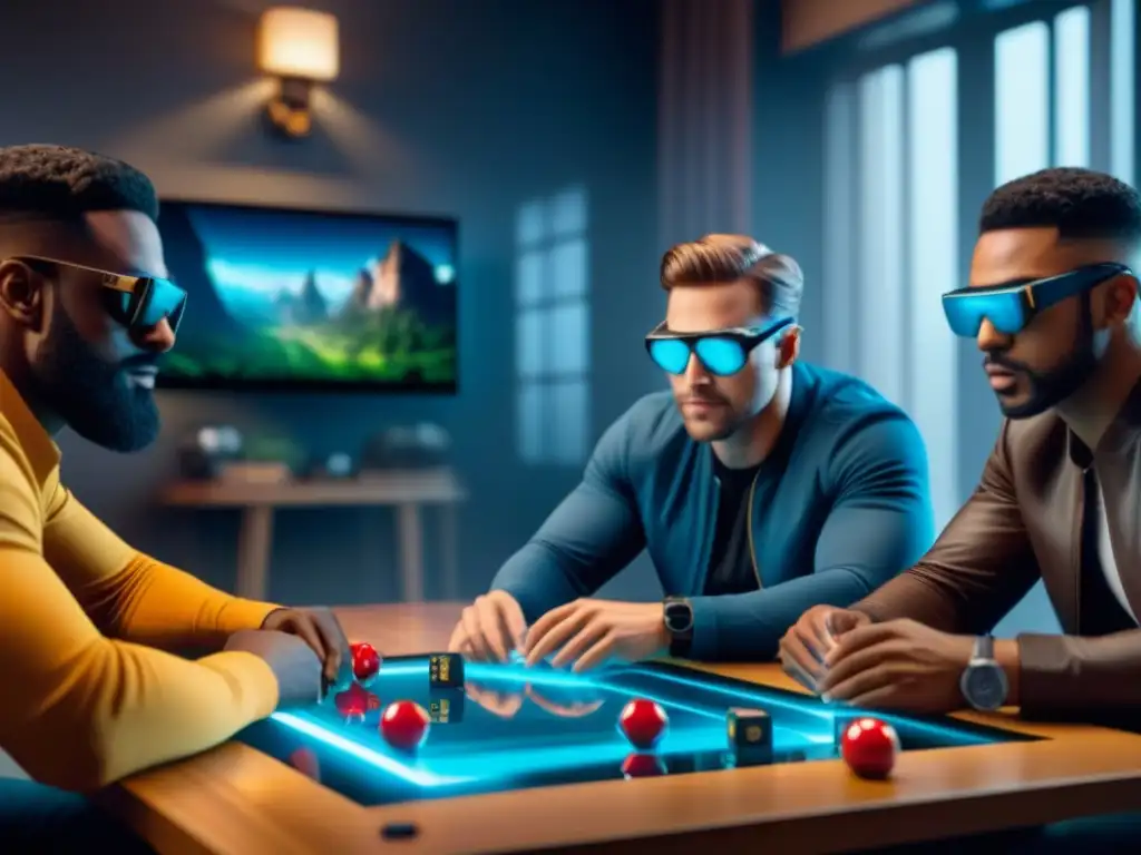 Grupo diverso disfruta Juegos de mesa realidad mixta con AR glasses en experiencia futurista y envolvente