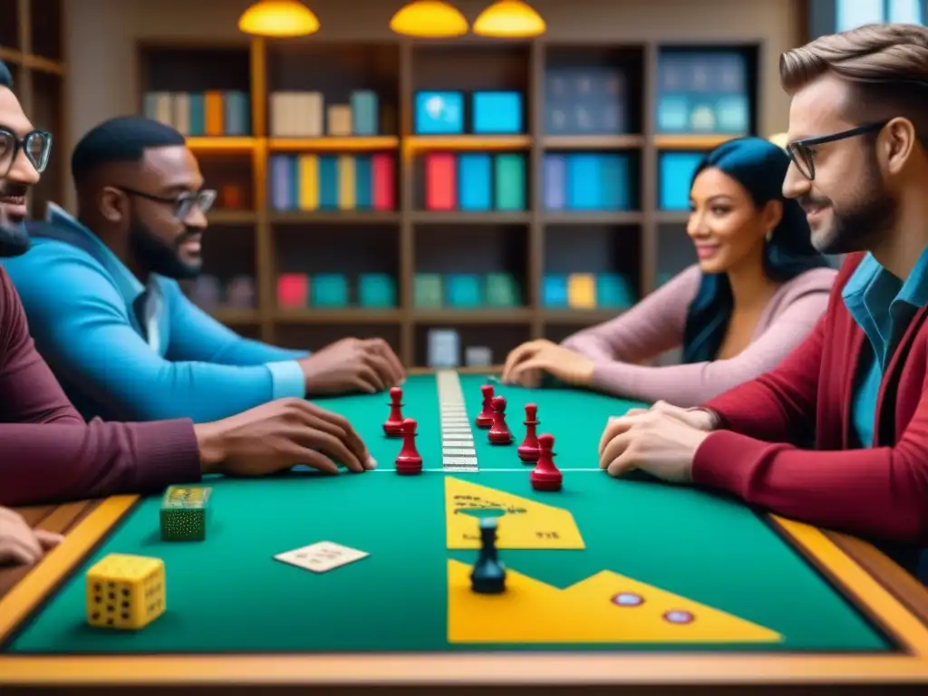 Grupo diverso disfrutando de juegos de mesa en café acogedor