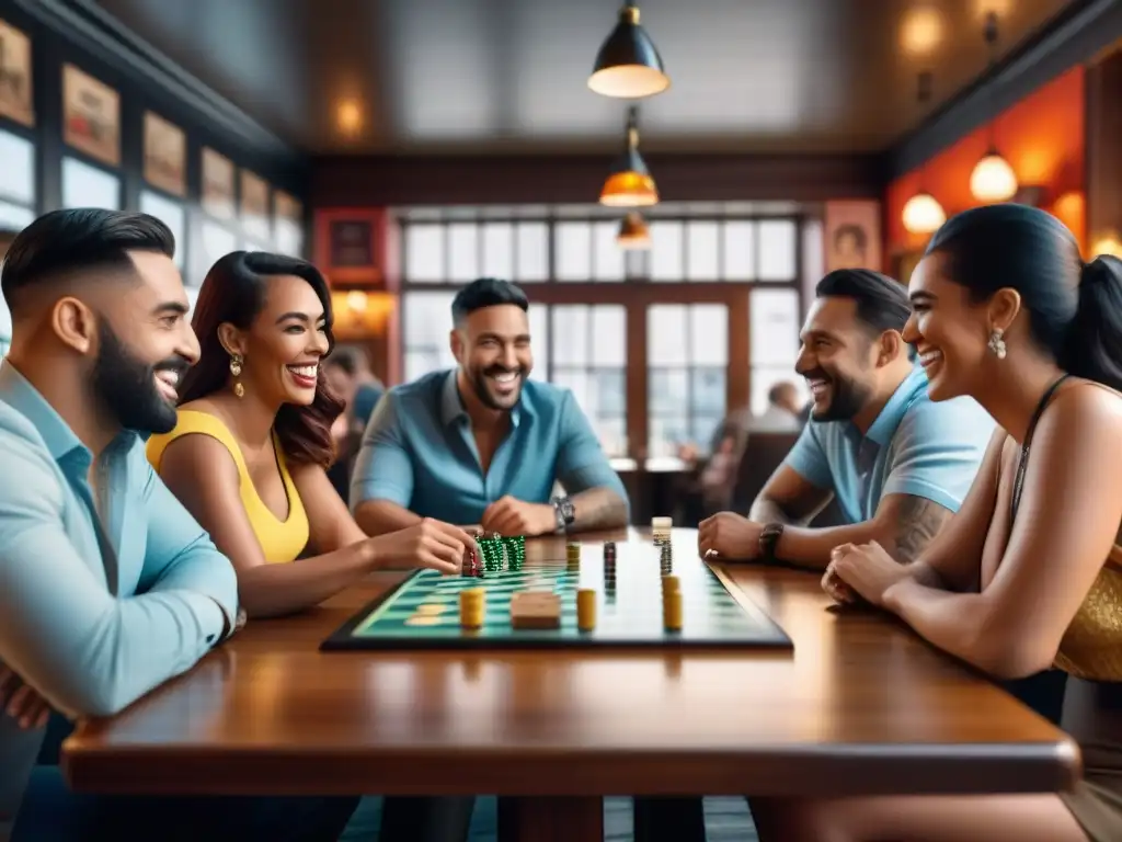 Grupo diverso disfruta de juegos de mesa en un bar, reflejando la alegría y camaradería en este ambiente vibrante