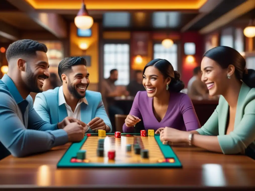 Un grupo diverso disfruta de juegos de mesa en un bar, creando lazos de amistad y diversión