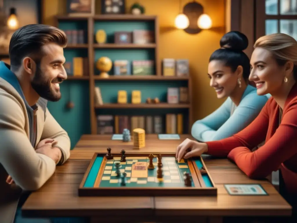 Grupo diverso disfruta de juegos de mesa en un rincón acogedor de un bar temático