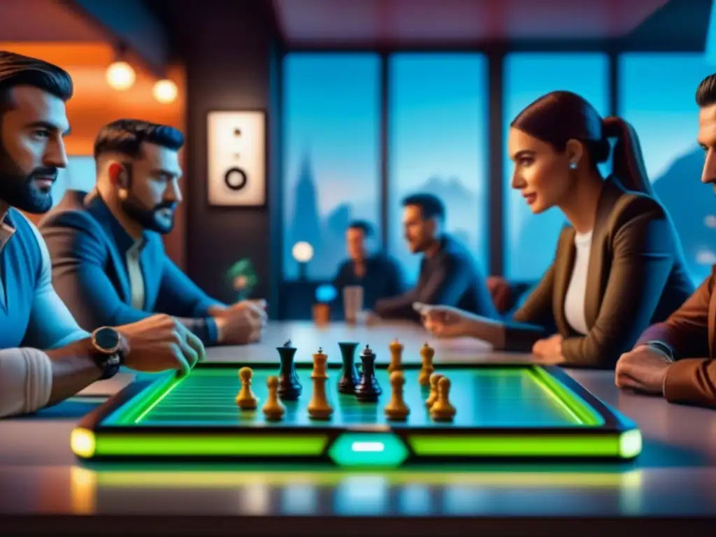 Grupo diverso disfruta de juegos de mesa emergentes 2024 con tecnología holográfica en café futurista