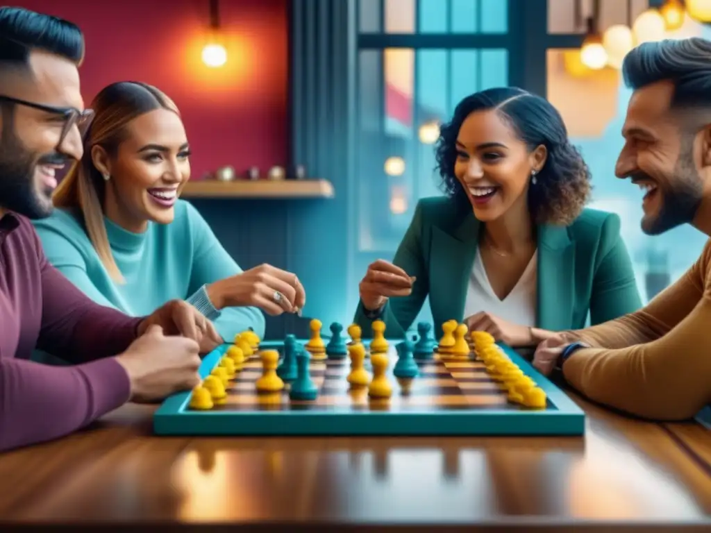 Grupo diverso disfruta de juegos de mesa en café trendy, con piezas coloridas y atmósfera social