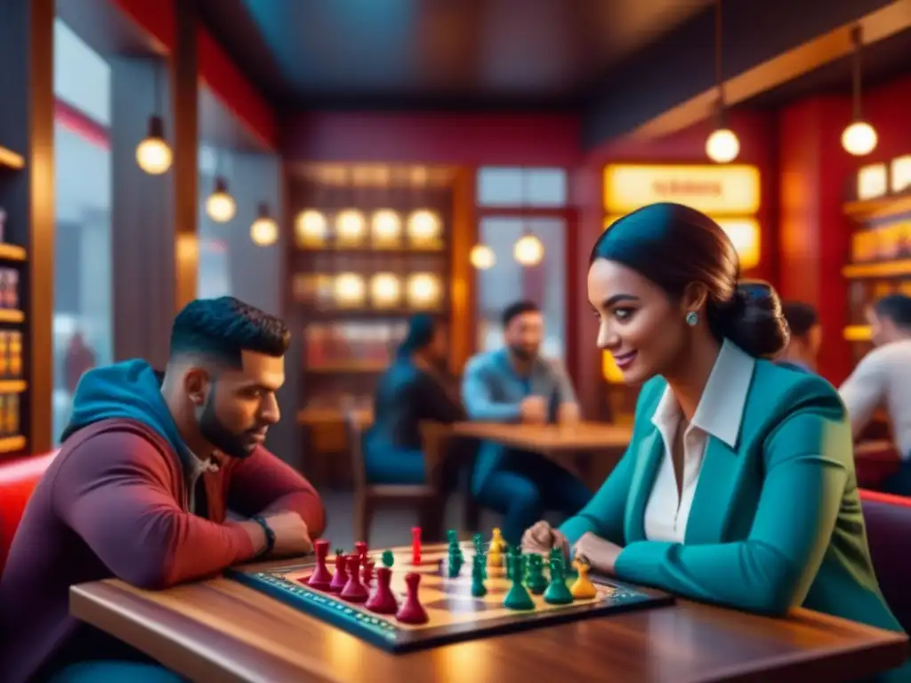 Grupo diverso disfruta de juegos de mesa en un café acogedor, iluminados por luz cálida