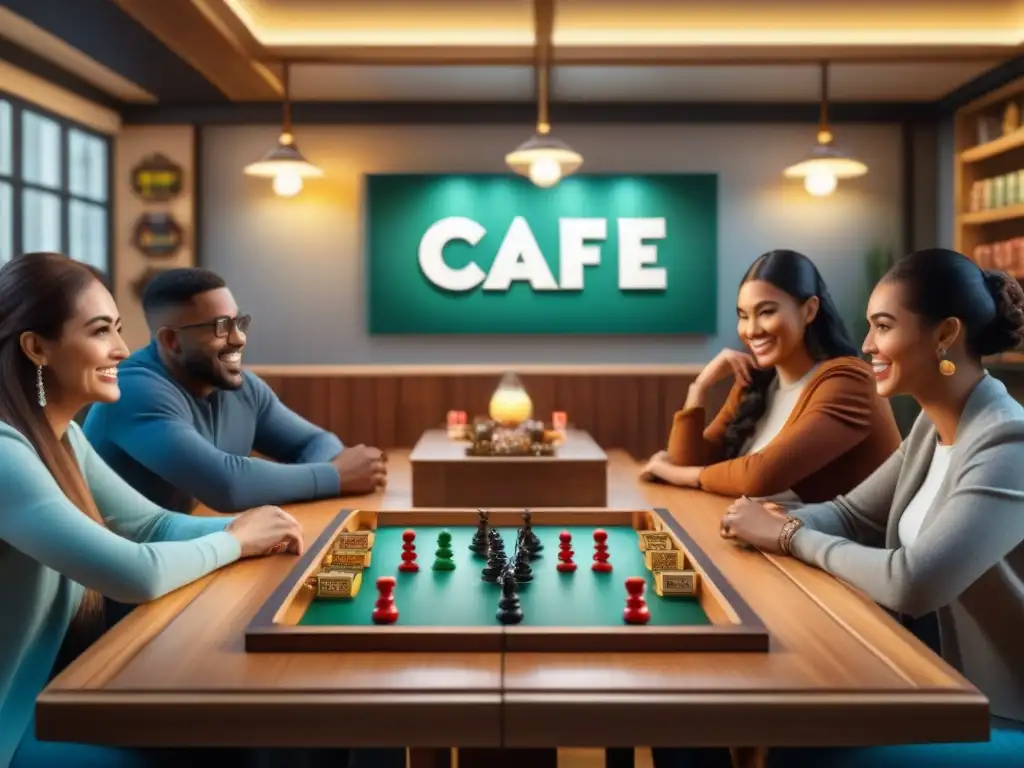 Grupo diverso disfruta de juegos de mesa personalizados en acogedora cafetería