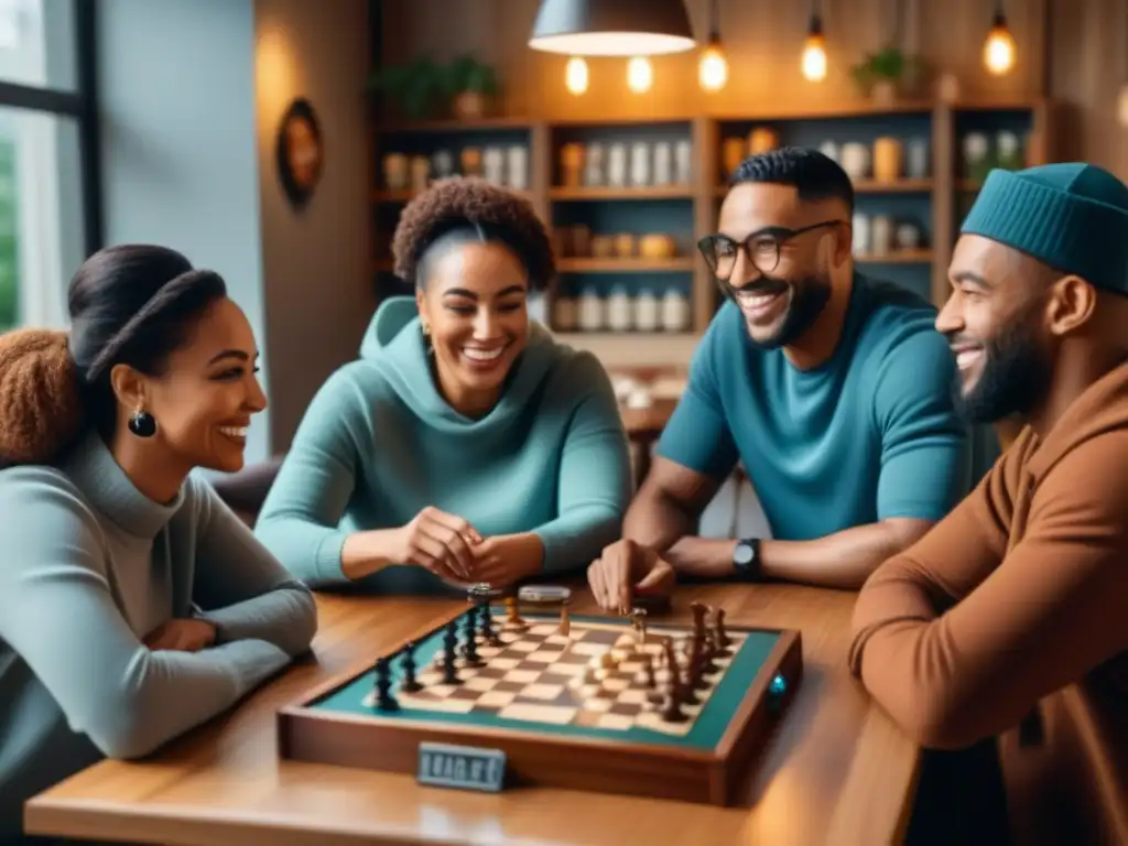 Un grupo diverso disfruta de juegos de mesa en un café acogedor, promoviendo la cultura café juegos mesa inclusiva