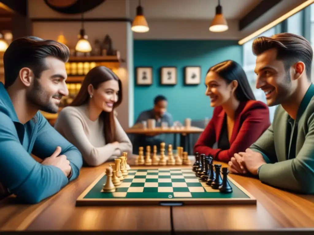 Grupo diverso disfrutando de juegos de mesa clásicos en un café acogedor con decoración trendy