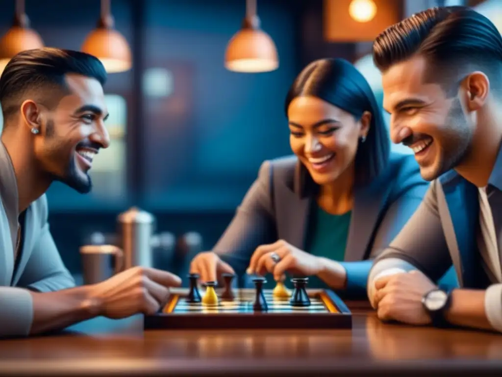 Grupo diverso disfruta de juegos de mesa clásicos en cafés, entre risas y café caliente