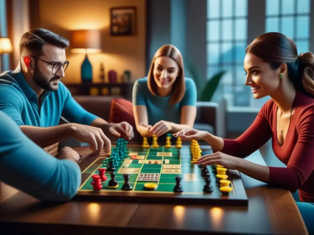 Grupo diverso jugando juegos de mesa, concentrados en estrategias en acogedor salón