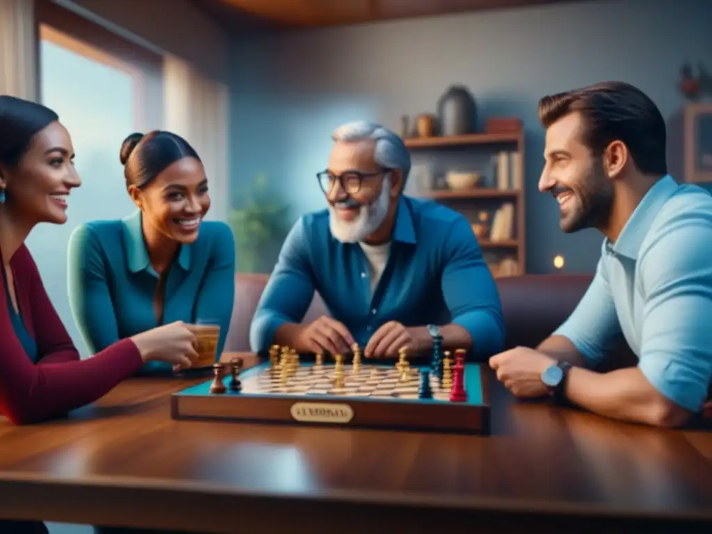 Grupo diverso disfrutando de juegos de mesa en un ambiente cálido y amigable, promoviendo la cohesión social