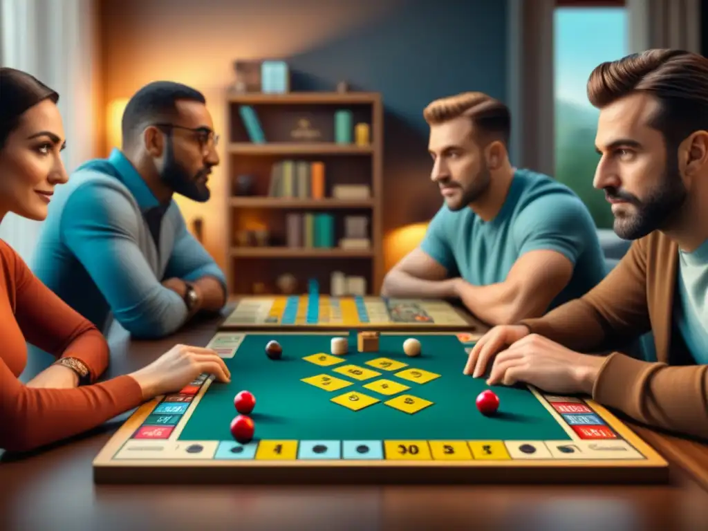 Grupo diverso disfrutando de juegos de mesa modernos reseñas en ambiente acogedor