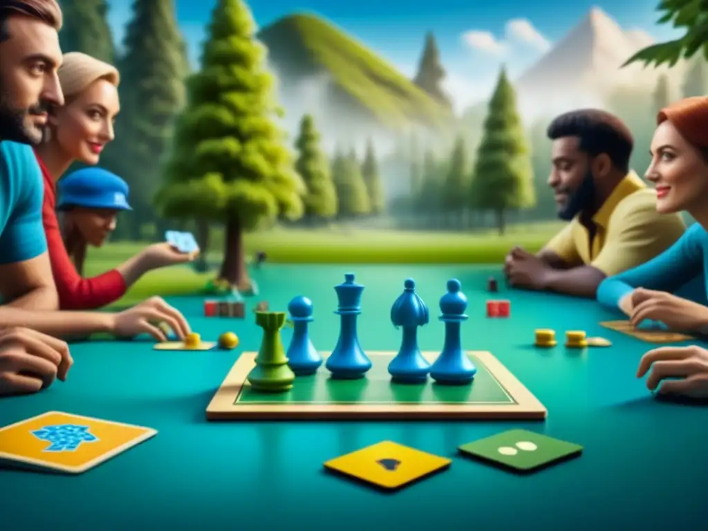 Grupo diverso juega juegos de mesa en parque verde con piezas coloridas, destacando el impacto ambiental positivo