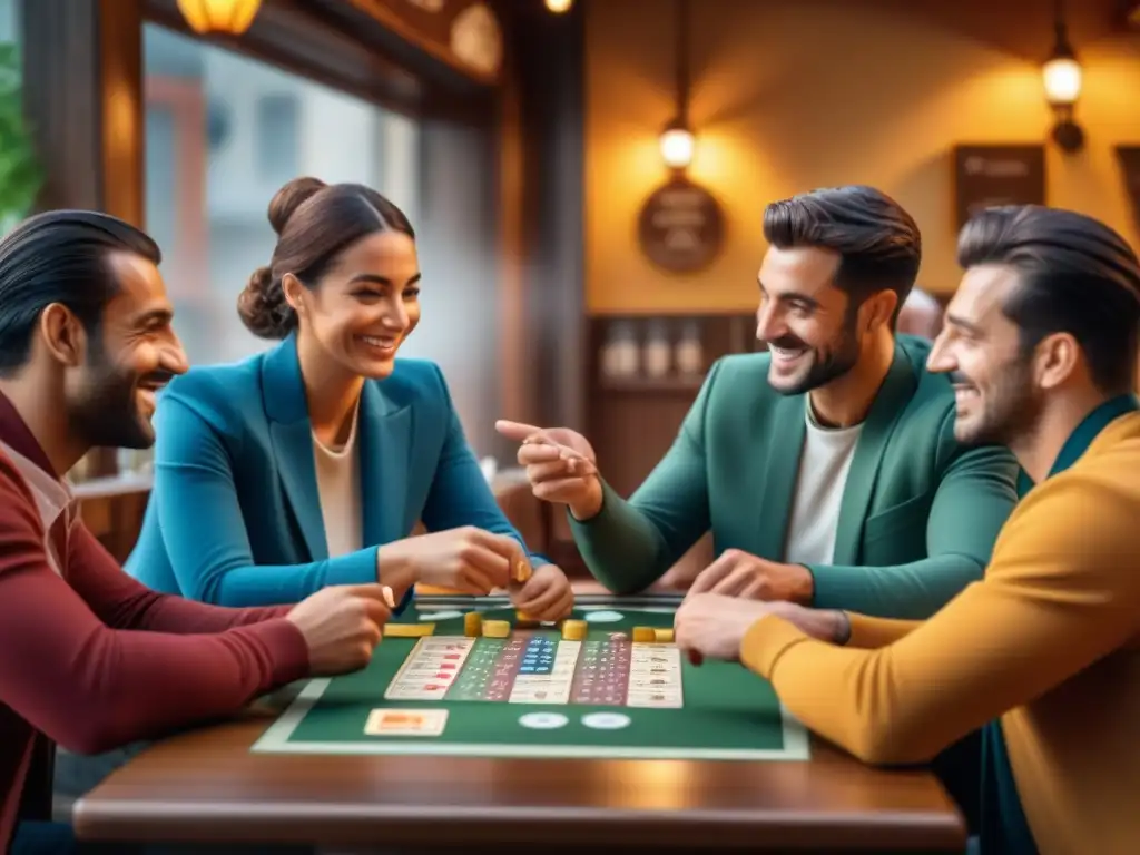 Grupo diverso disfruta juegos de mesa para aprender francés en acogedor café, ambiente educativo y divertido