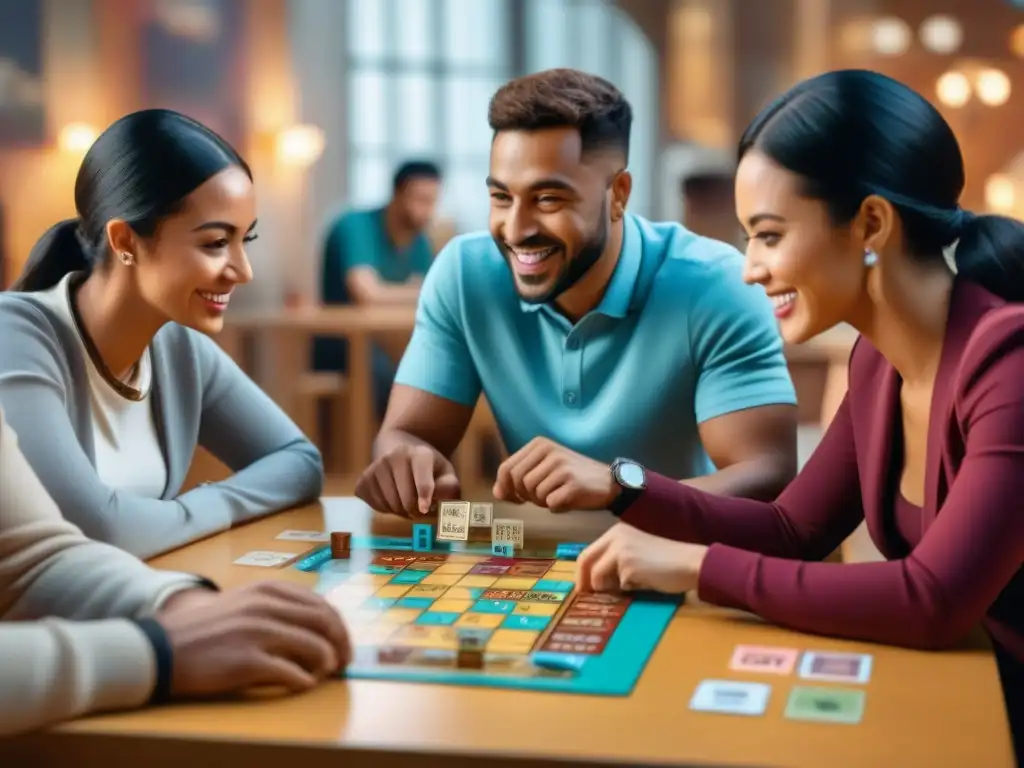 Grupo diverso disfrutando de juegos de mesa para aprender idiomas