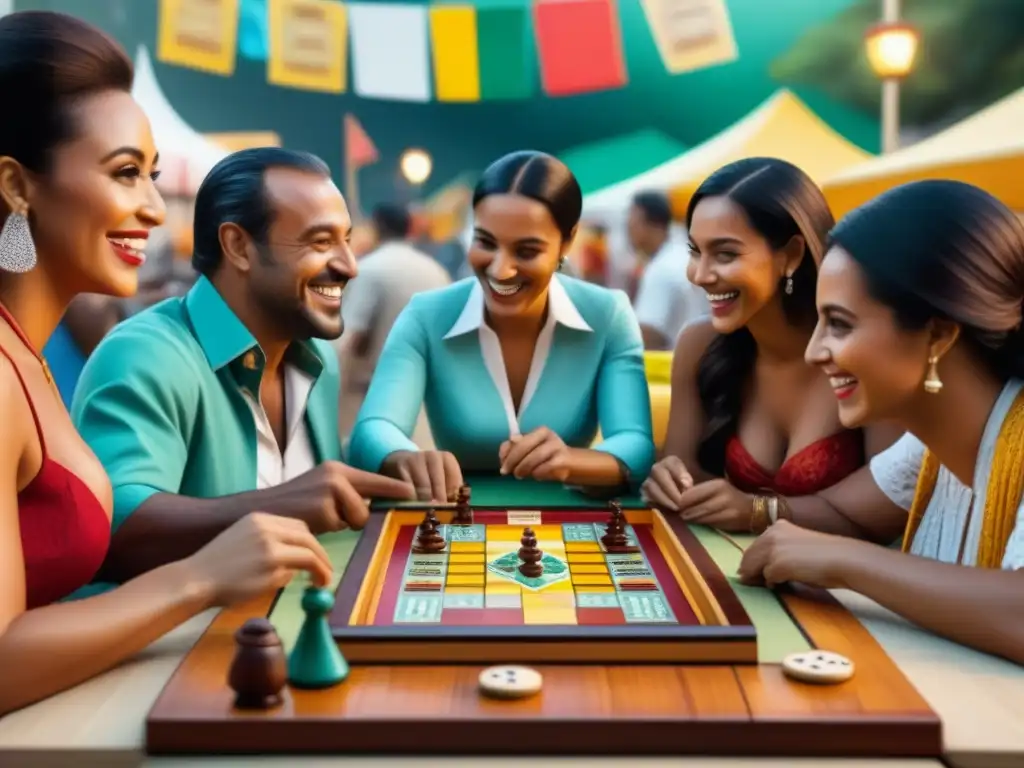 Grupo diverso disfruta juegos de mesa brasileños en mercado colorido