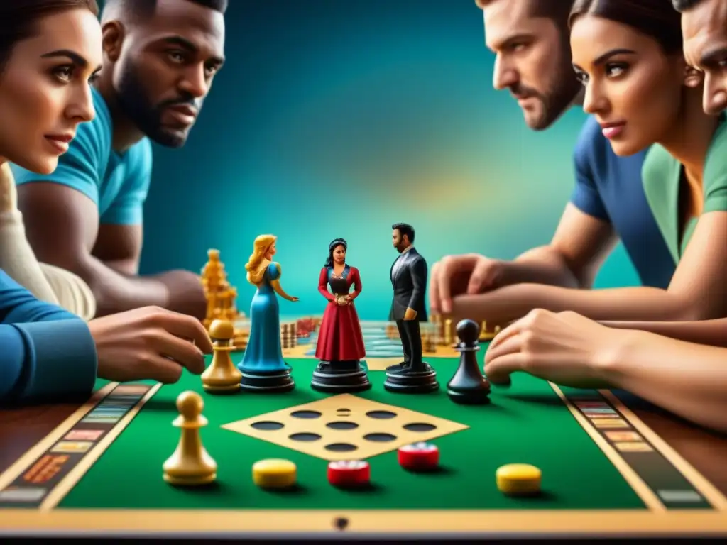 Grupo diverso juega juegos de mesa con intensa concentración