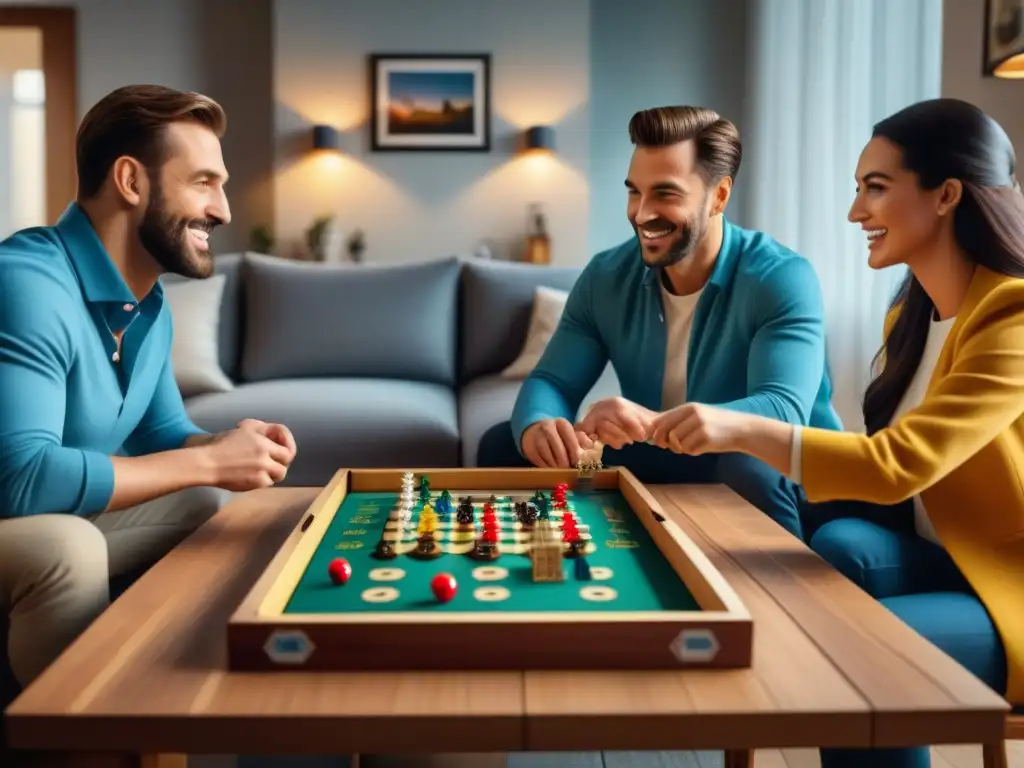 Grupo diverso disfrutando juegos de mesa en sala acogedora