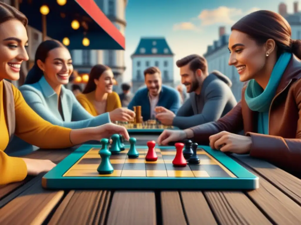 Grupo diverso disfrutando de juegos de mesa portátiles en animado café al aire libre