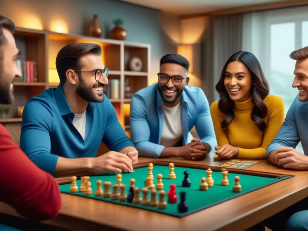 Un grupo diverso disfruta de juegos de mesa en una sala acogedora