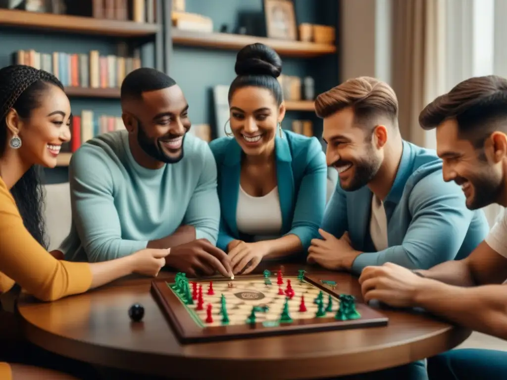 Grupo diverso disfruta juegos de mesa, fomentando la conexión social y la salud mental