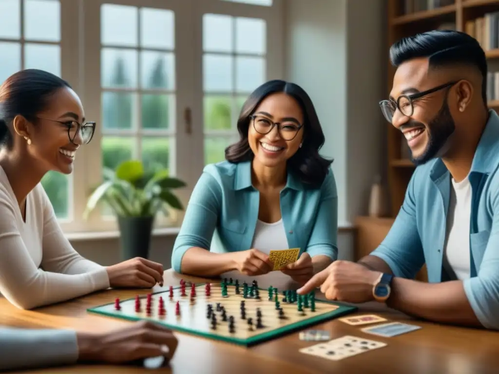 Grupo diverso disfruta juegos de mesa en ambiente acogedor