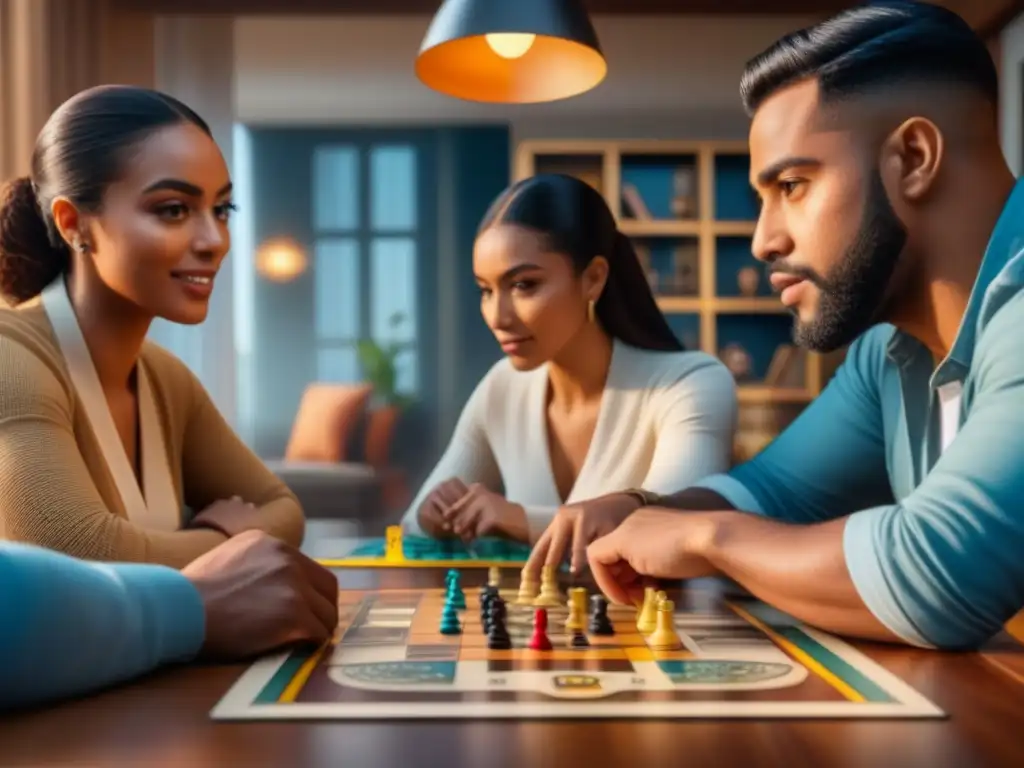 Grupo diverso disfrutando juegos de mesa para ansiedad en un ambiente acogedor y unido