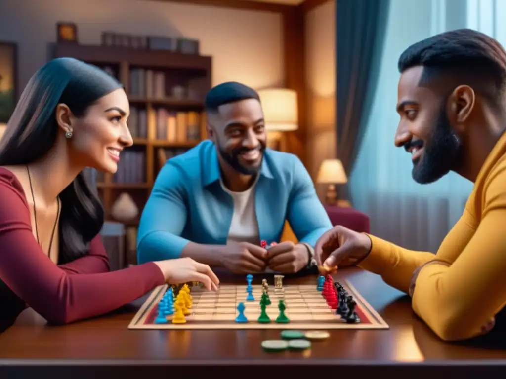 Un grupo diverso disfruta de juegos de mesa con expresiones de camaradería y concentración en una habitación acogedora