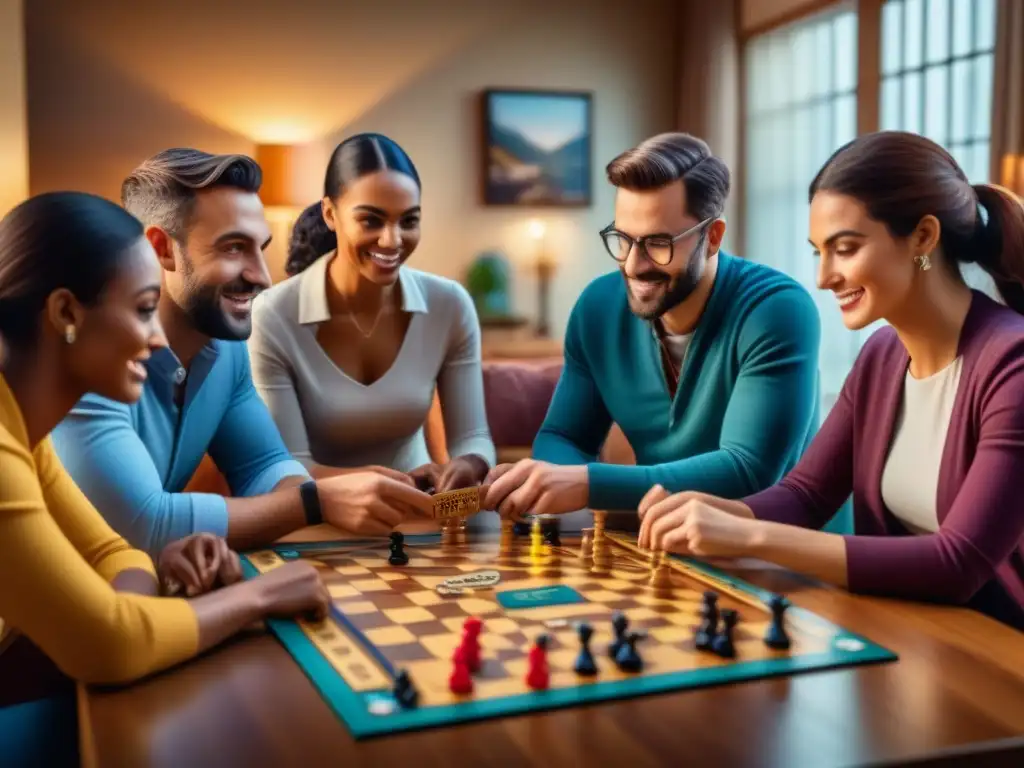 Grupo diverso disfruta de juegos de mesa, mostrando beneficios cognitivos