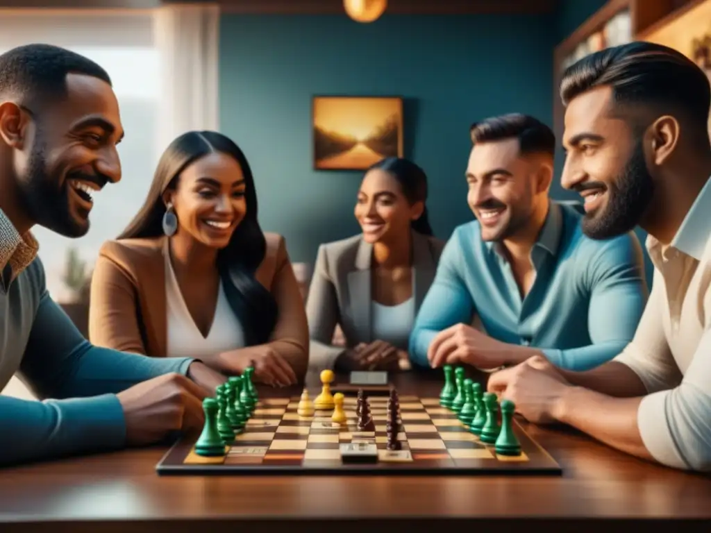 Grupo diverso disfruta juegos de mesa, reflejando camaradería, concentración y beneficios salud mental