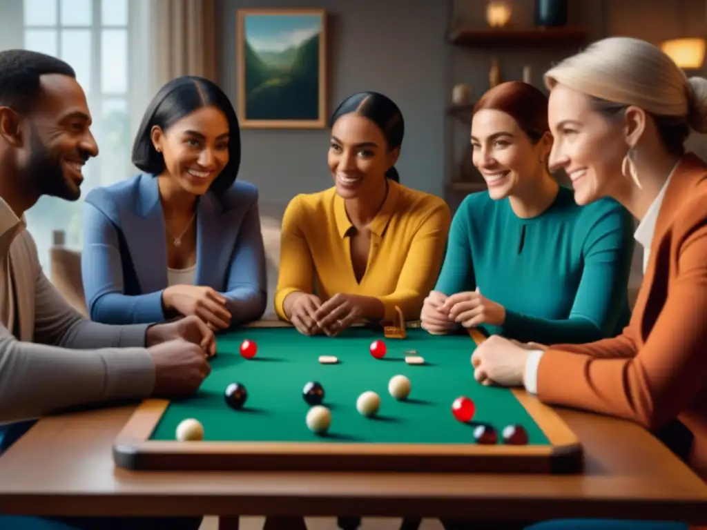 Grupo diverso disfruta de juegos de mesa terapéuticos, reflejando alegría y unión en ambiente cálido y acogedor