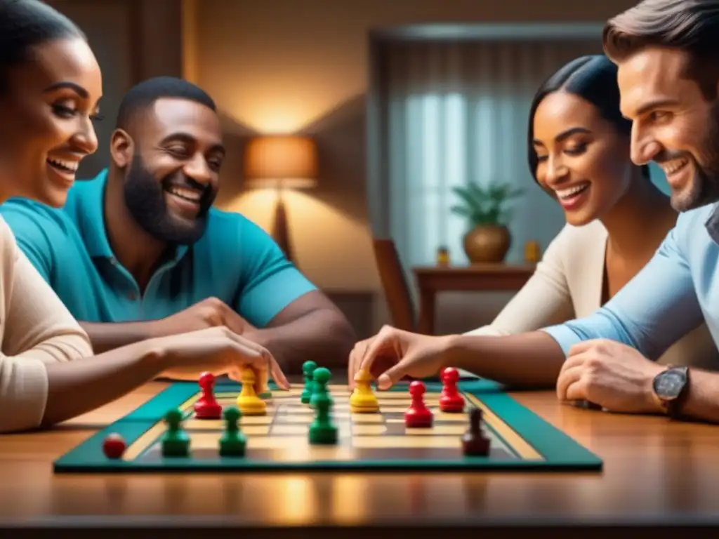 Grupo diverso disfruta de juegos de mesa terapia, reflejando alegría y camaradería