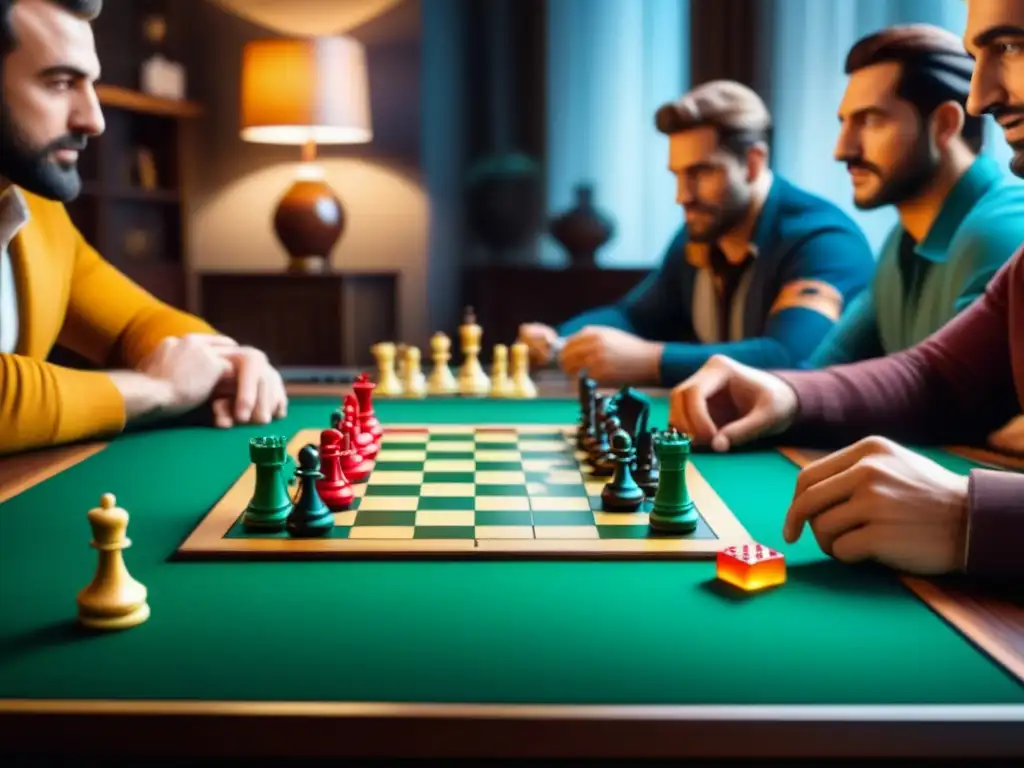 Grupo diverso disfrutando de juegos de mesa, mostrando beneficios de los juegos de mesa en concentración y camaradería