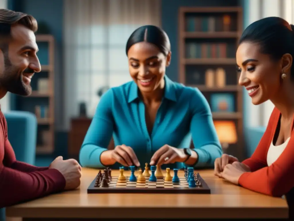 Grupo diverso disfrutando juegos de mesa para comunicación en acogedor salón