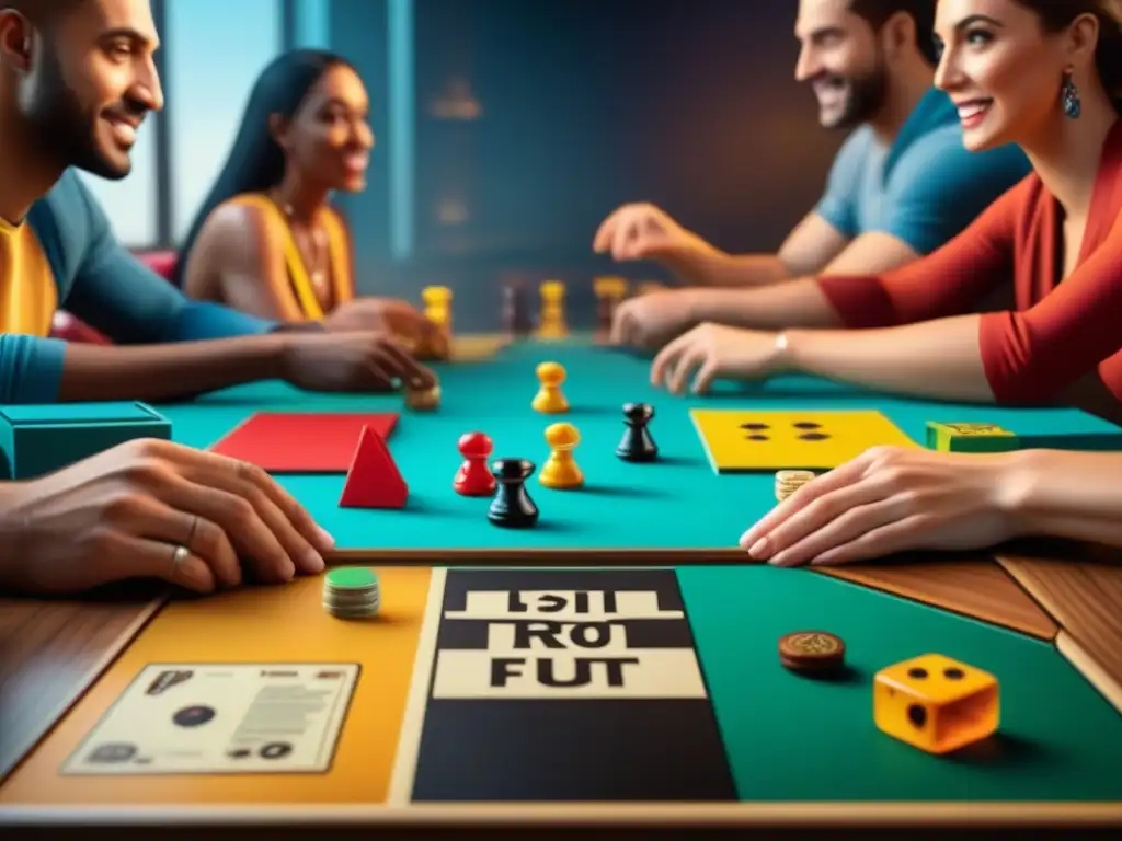 Un grupo diverso disfruta intensamente de juegos de mesa, creando un ambiente de diversión y aprendizaje