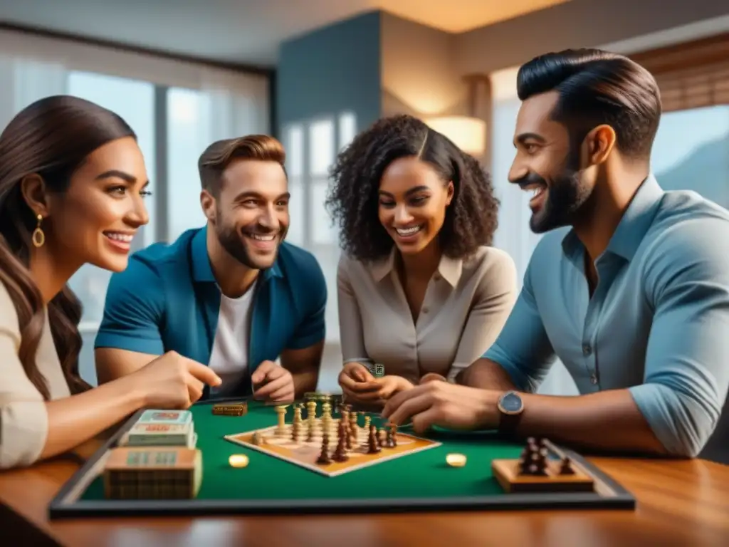 Grupo diverso disfruta juegos de mesa en sala acogedora