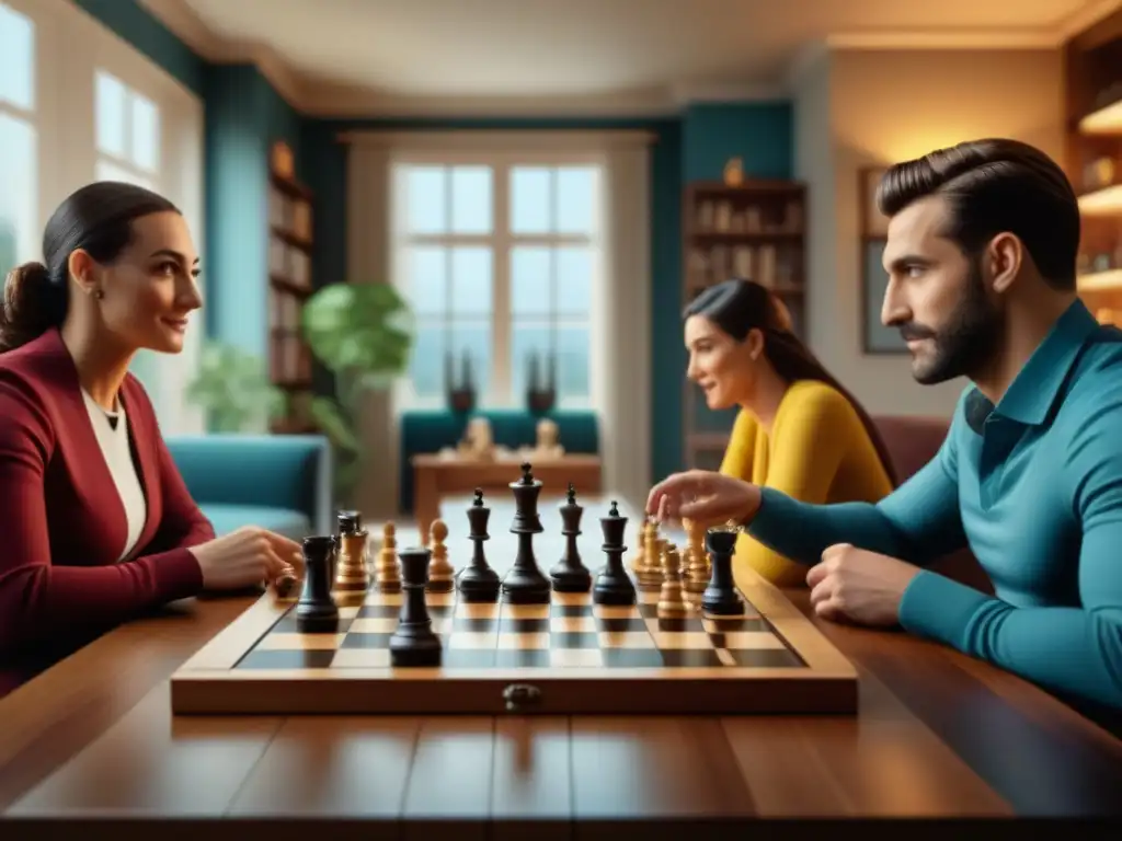 Partidas de mesa: diversión y concentración en juegos clásicos Grupo diverso disfruta de juegos de mesa clásicos como ajedrez, Scrabble y Monopoly en una sala acogedora