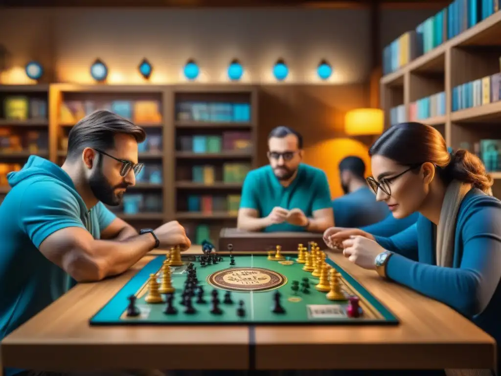 Grupo diverso disfrutando intensamente juegos de mesa en café, rodeados de estanterías llenas de juegos de mesa coloridos