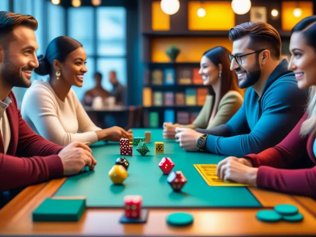 Grupo diverso disfrutando juegos de mesa en café, con piezas coloridas y expresiones entusiastas, ambiente de camaradería