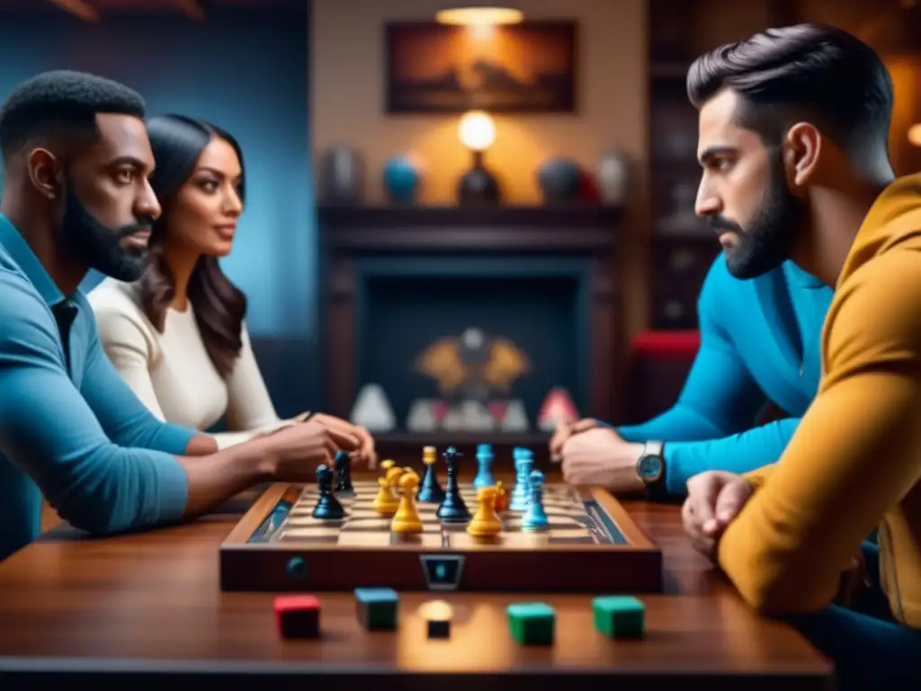 Grupo diverso disfrutando de juegos de mesa en una sala acogedora