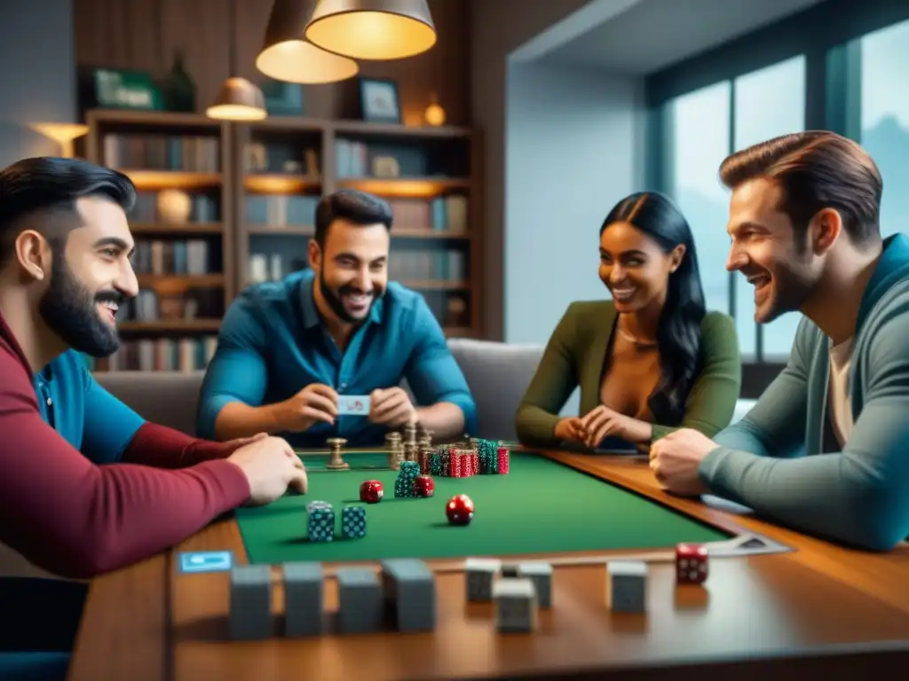 Grupo diverso disfrutando de juegos de mesa en ambiente acogedor, resaltando la integración con Mejores plataformas digitales juegos mesa