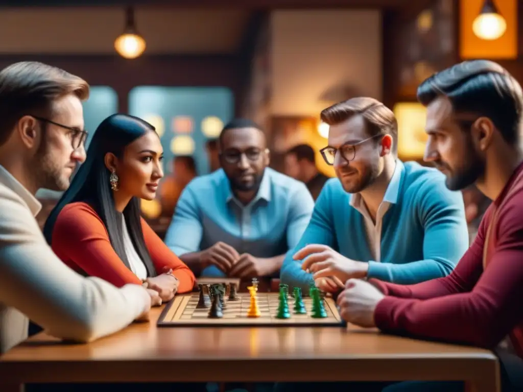 Grupo diverso disfruta de juegos de mesa con emoción en café, creando vínculos comunitarios