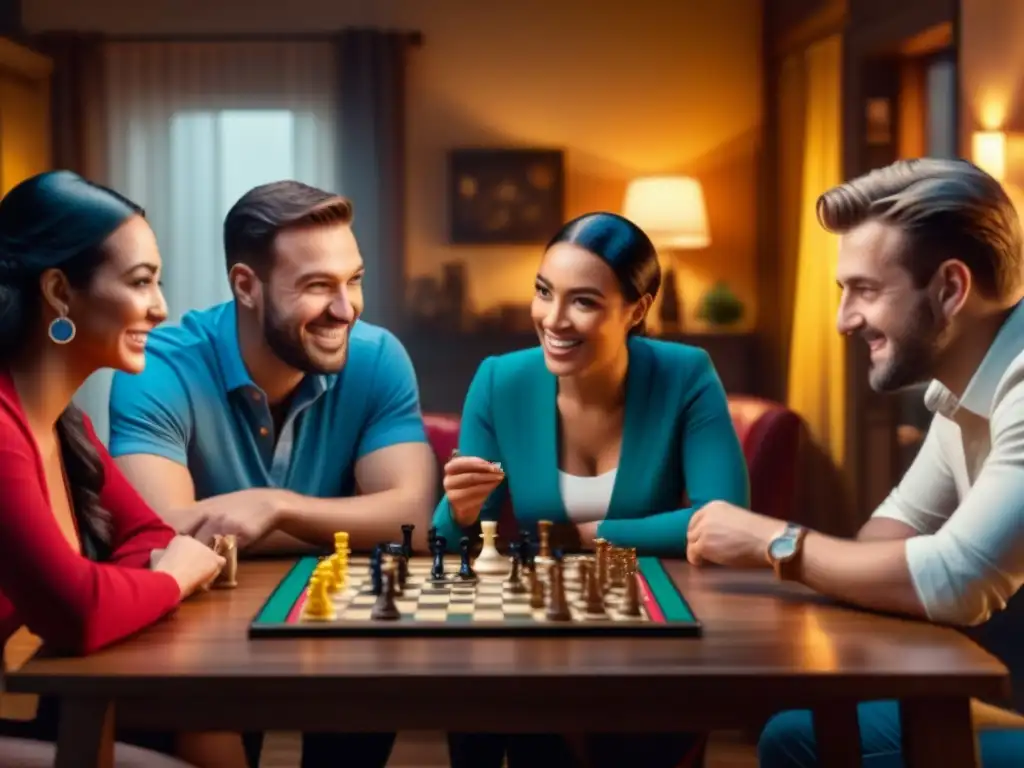 Grupo diverso disfrutando de juegos de mesa, con ambiente acogedor