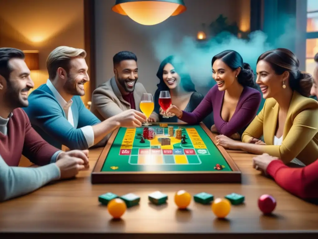 Grupo diverso disfrutando de juegos de mesa para fiestas en ambiente festivo y acogedor