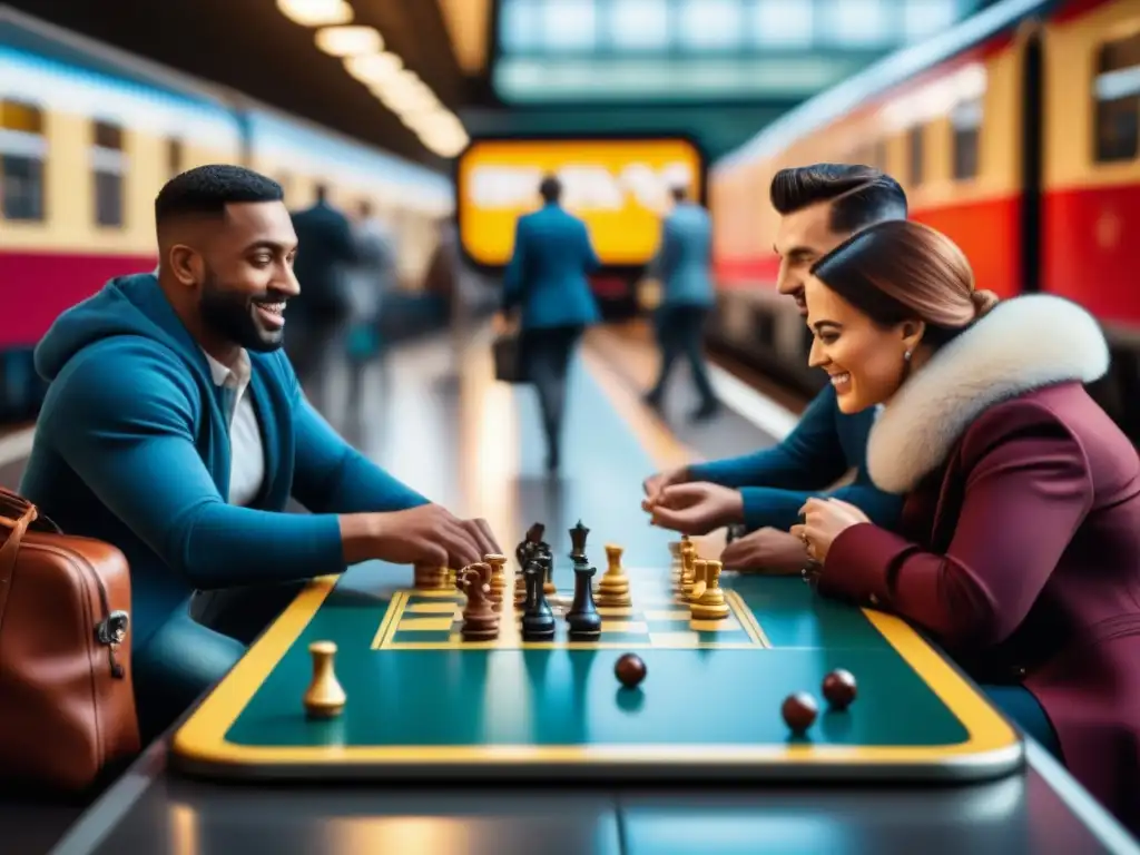 Un grupo diverso juega juegos de mesa en estación bulliciosa, transmitiendo emoción y camaradería