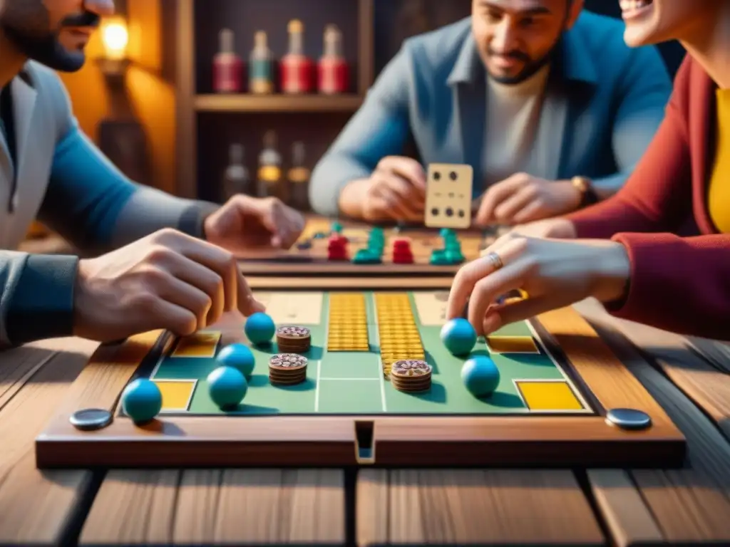 Grupo diverso disfruta intensamente de juegos de mesa portátiles en acogedor café